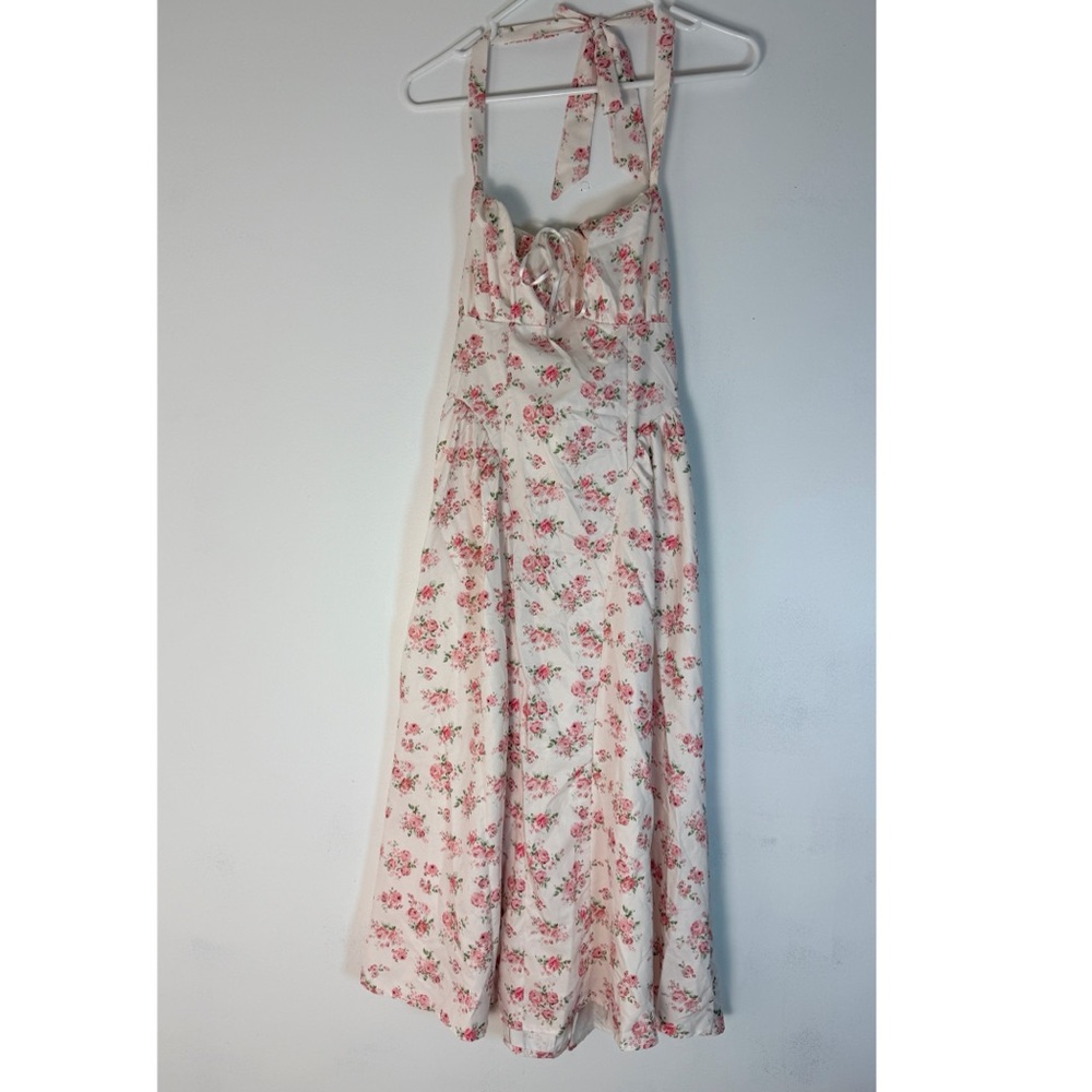 Floral Halter Fit and Flare Cream and Pink Summer Dress